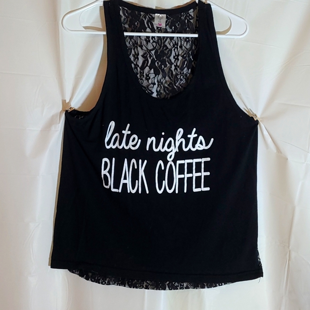 Sleep & Co "Late Nights, Black Coffee" Graphic Black Lacy Tank Top